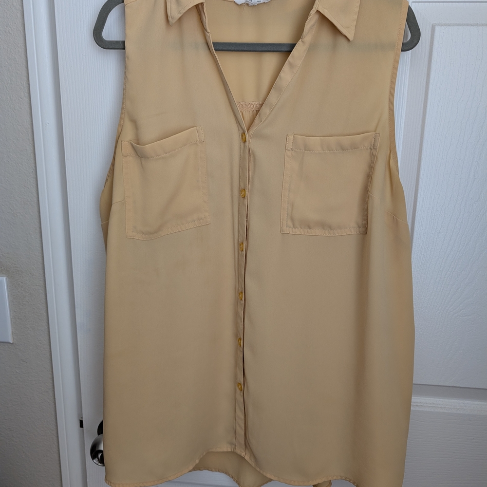 Sleeveless Beige Button-Up Blouse